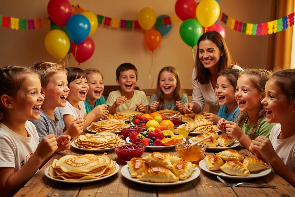 Table de goûter d'anniversaire russe d'enfant avec mini blinis sucrés, pirojki et décorations colorées, enfants et animatrice autour de la table