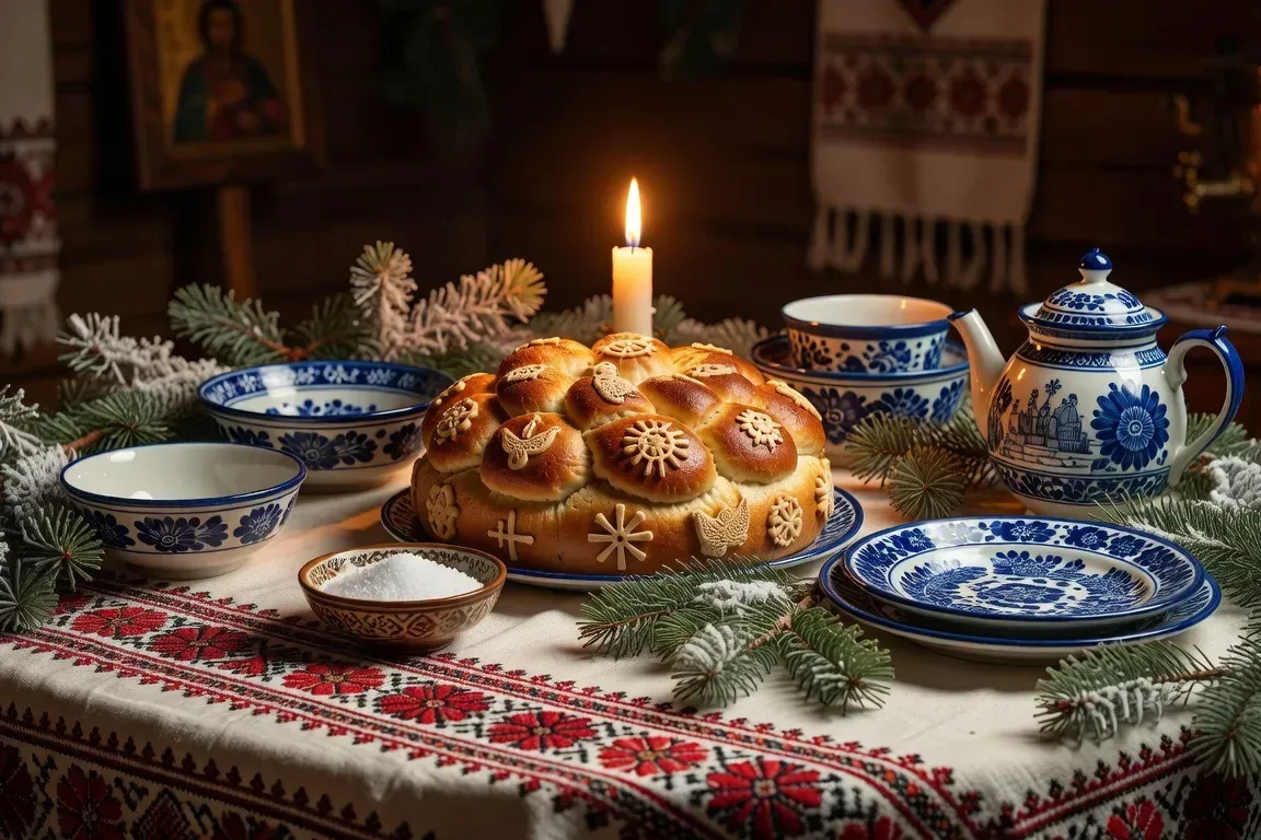 Table sobre dressée pour un repas de deuil orthodoxe russe, avec bougies, pain noir et plats symboliques