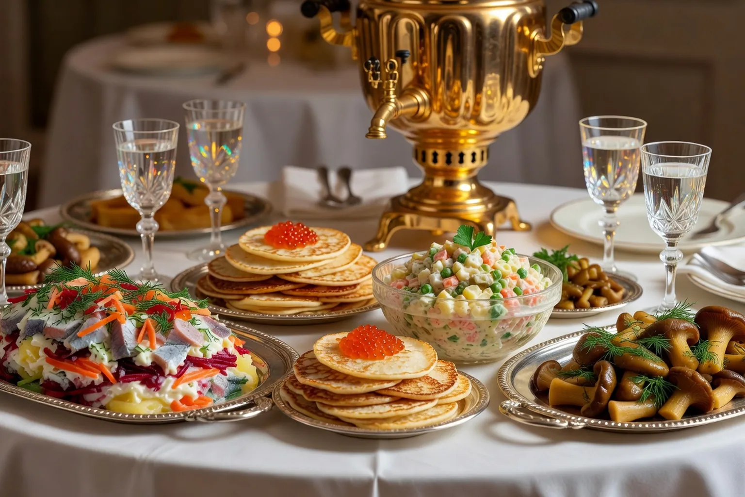 Buffet russe événementiel dressé avec zakouski, blinis et samovar doré